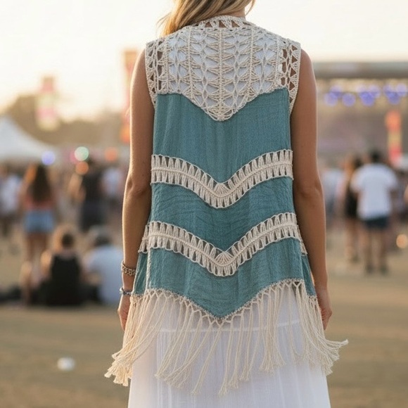 Papaya Blue & Cream Lacy Fringe Boho Hippie Gypsy Cardigan Festival Concert Med - Picture 2 of 11